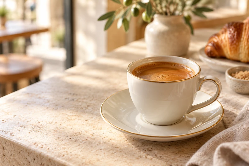 Un espresso LUME in tazzina artigianale sul bancone, con la pasticceria sullo sfondo