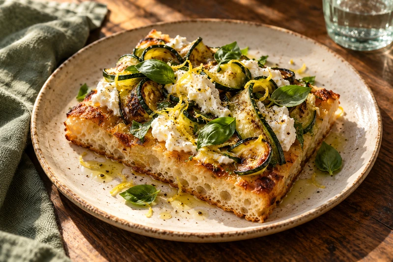 Focaccia con verdure arrosto, ricotta e basilico, una pausa a pranzo