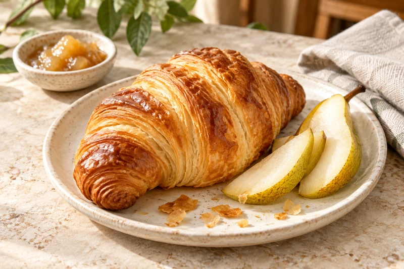Cornetto dorato e pera su un piatto di ceramica, per la colazione LUME