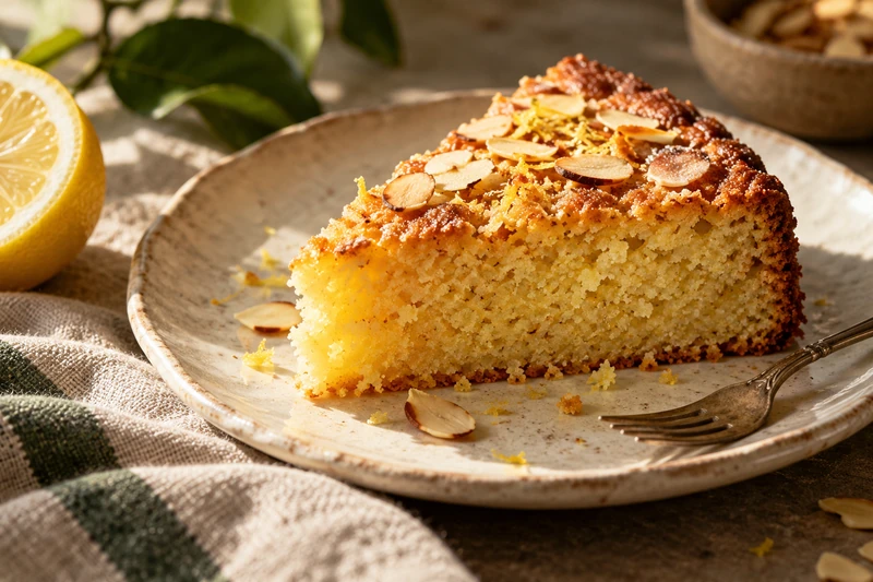 Torta al limone appena servita per una pausa dolce